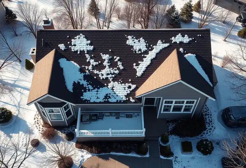 Illustration of house with snow-covered roof and surrounding snowy landscape.